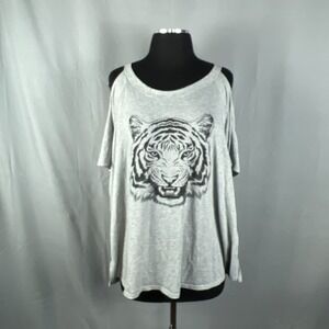 Misia Curvy T Shirt Womens 2X Heathered Gray Tiger Graphic Print Cold Shoulder